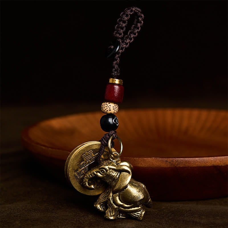 Buddha Stones Llaveros de la suerte con forma de elefante y cinco monedas de emperador, de latón antiguo. - image 12