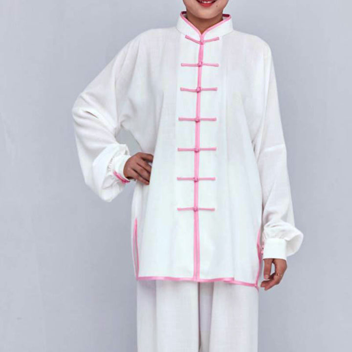 Conjunto de ropa unisex con bordado de Buddha Stones para meditación, oración zen, práctica espiritual de tai chi y qigong - Manga larga blanca con borde rosa - US12, UK/AU16, EU44 (2XL) - image 10