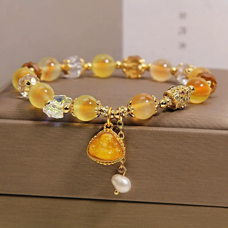 Buddha Stones Pulsera de cuentas de ágata amarilla con diseño de Buda y la esperanza - Ágata de caramelo (Esperanza ♥ Equilibrio) - image 0