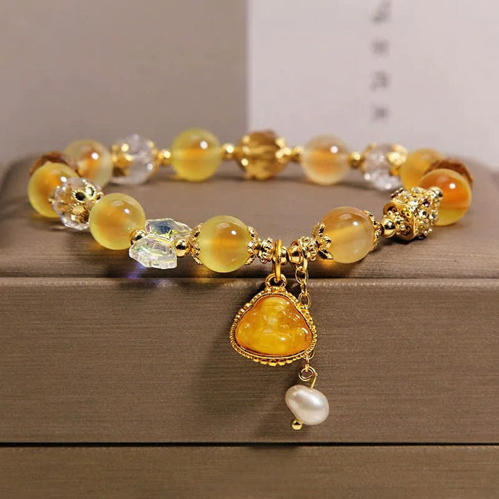Buddha Stones Pulsera de cuentas de ágata amarilla con diseño de Buda y la esperanza - image 1