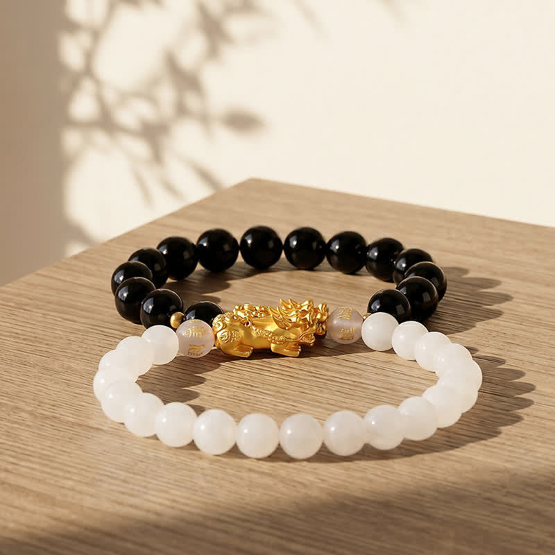 Buddha Stones Pulsera de purificación de calcedonia y obsidiana negra Pi Xiu Om Mani Padme Hum - image 13