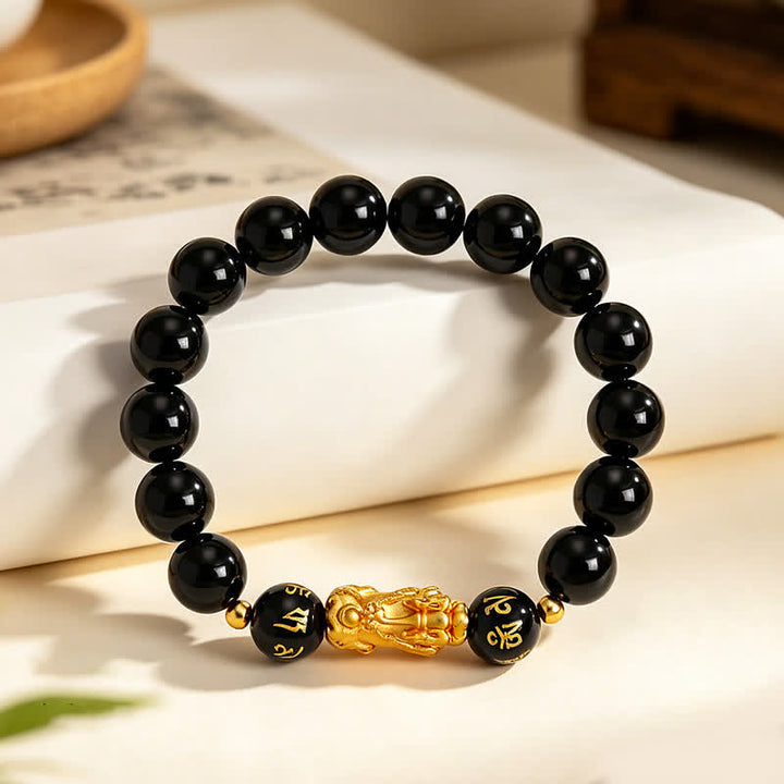 Buddha Stones Pulsera de purificación de calcedonia y obsidiana negra Pi Xiu Om Mani Padme Hum - image 1