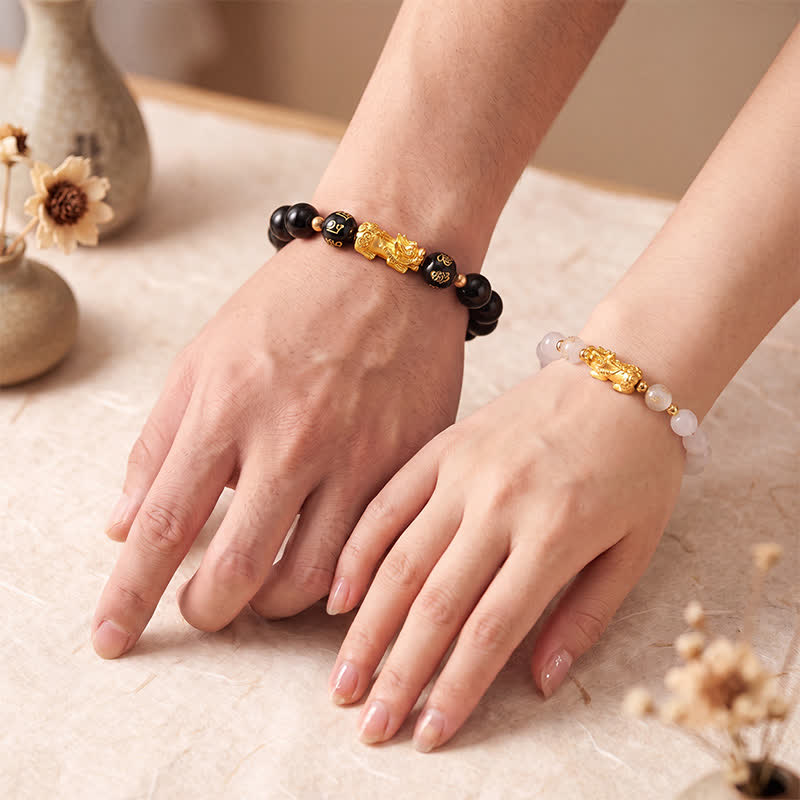 Buddha Stones Pulsera de purificación de calcedonia y obsidiana negra Pi Xiu Om Mani Padme Hum - image 14