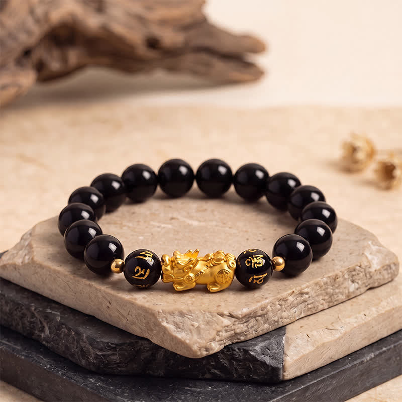 Buddha Stones Pulsera de purificación de calcedonia y obsidiana negra Pi Xiu Om Mani Padme Hum - Obsidiana negra (Protección ♥ Conexión a tierra) - image 0