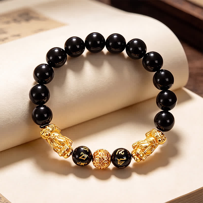 Buddha Stones Pulsera de sabiduría de cobre y obsidiana negra con doble Pi Xiu Om Mani Padme Hum - image 1