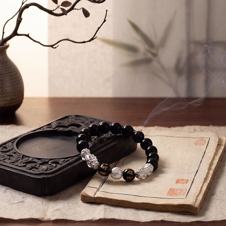 Buddha Stones Pulsera de sabiduría de cobre y obsidiana negra con doble Pi Xiu Om Mani Padme Hum - image 12