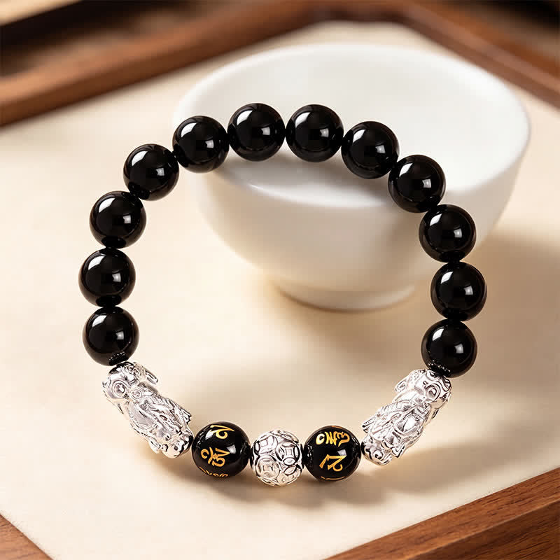Buddha Stones Pulsera de sabiduría de cobre y obsidiana negra con doble Pi Xiu Om Mani Padme Hum - image 11