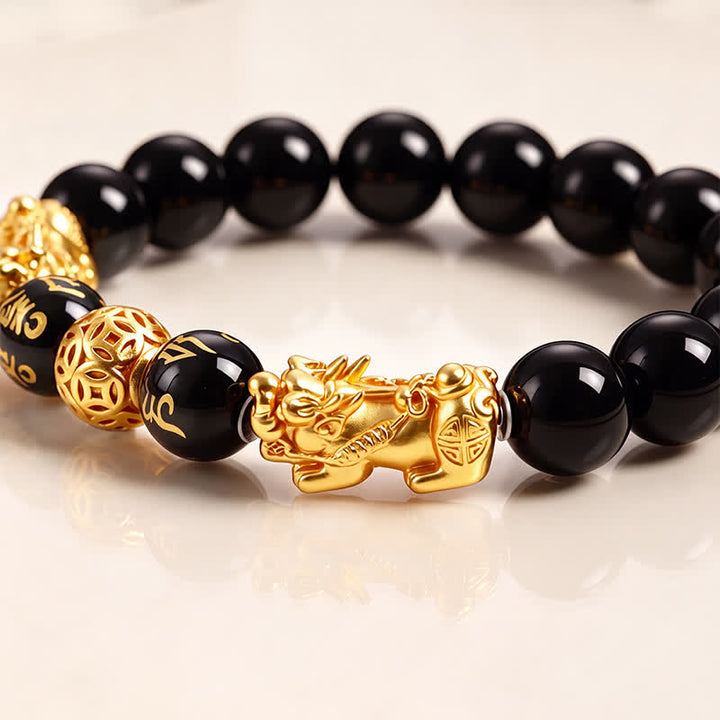Buddha Stones Pulsera de sabiduría de cobre y obsidiana negra con doble Pi Xiu Om Mani Padme Hum - image 2