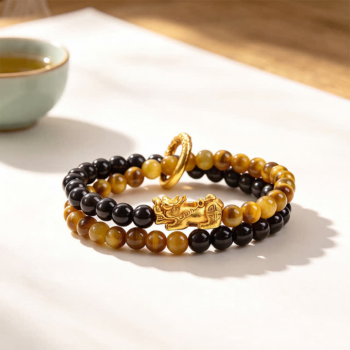 Buddha Stones Pulsera de la buena fortuna Pi Xiu de doble vuelta con brillo plateado y obsidiana ojo de tigre - Ojo de tigre amarillo Pi Xiu dorado - image 0
