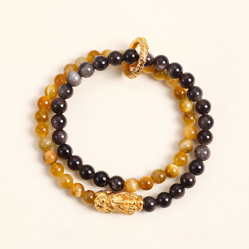 Buddha Stones Pulsera de la buena fortuna Pi Xiu de doble vuelta con brillo plateado y obsidiana ojo de tigre - image 1