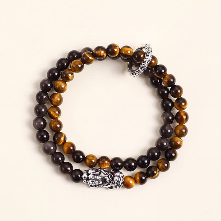 Buddha Stones Pulsera de la buena fortuna Pi Xiu de doble vuelta con brillo plateado y obsidiana ojo de tigre - Pi Xiu plateado ojo de tigre - image 4