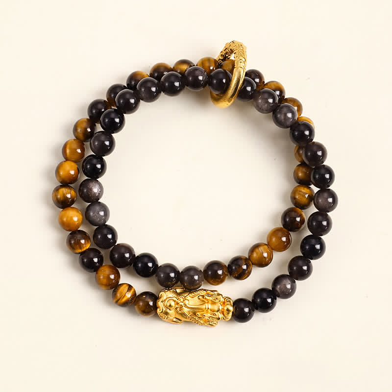 Buddha Stones Pulsera de la buena fortuna Pi Xiu de doble vuelta con brillo plateado y obsidiana ojo de tigre - Pi Xiu de oro ojo de tigre - image 2