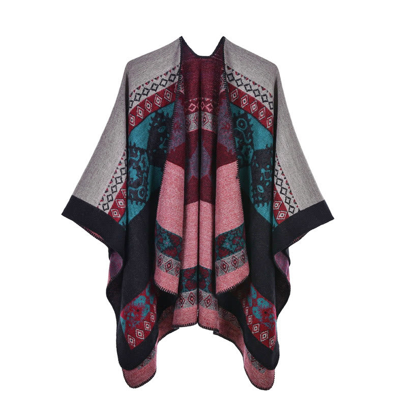 Bufanda de capa cálida de invierno con patrón de diamantes de chal tibetano de Buddha Stones - Rosa Negro - image 17
