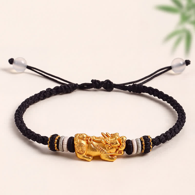 Buddha Stones Pulsera tejida a mano de ágata blanca y cobre con el símbolo Pi Xiu para atraer la buena fortuna. - Negro - image 0