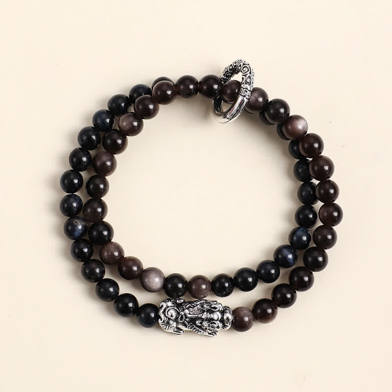 Buddha Stones Pulsera de la buena fortuna Pi Xiu de doble vuelta con brillo plateado y obsidiana ojo de tigre - Pi Xiu plateado ojo de tigre azul - image 9