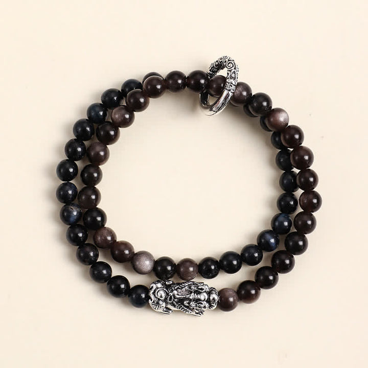 Buddha Stones Pulsera de la buena fortuna Pi Xiu de doble vuelta con brillo plateado y obsidiana ojo de tigre - Pi Xiu plateado ojo de tigre azul - image 9