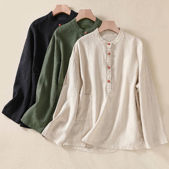 Camisa de manga larga para mujer con cuello redondo, botones y bolsillos, con estampado de Buddha Stones. - image 26