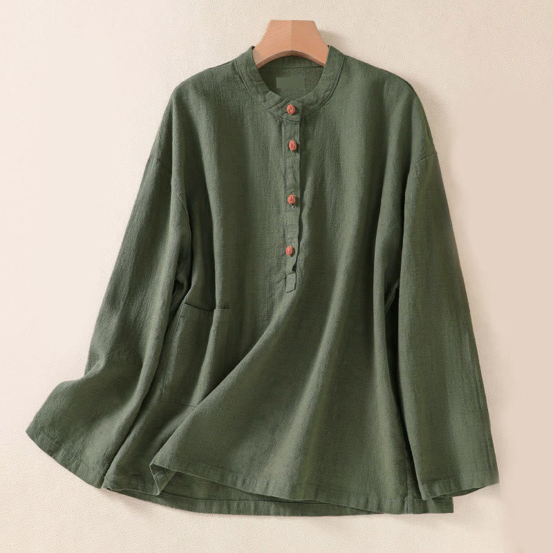 Camisa de manga larga para mujer con cuello redondo, botones y bolsillos, con estampado de Buddha Stones. - Verde mar oscuro - US8-10，UK/AU12-14，EU40-42 (2XL) - image 0