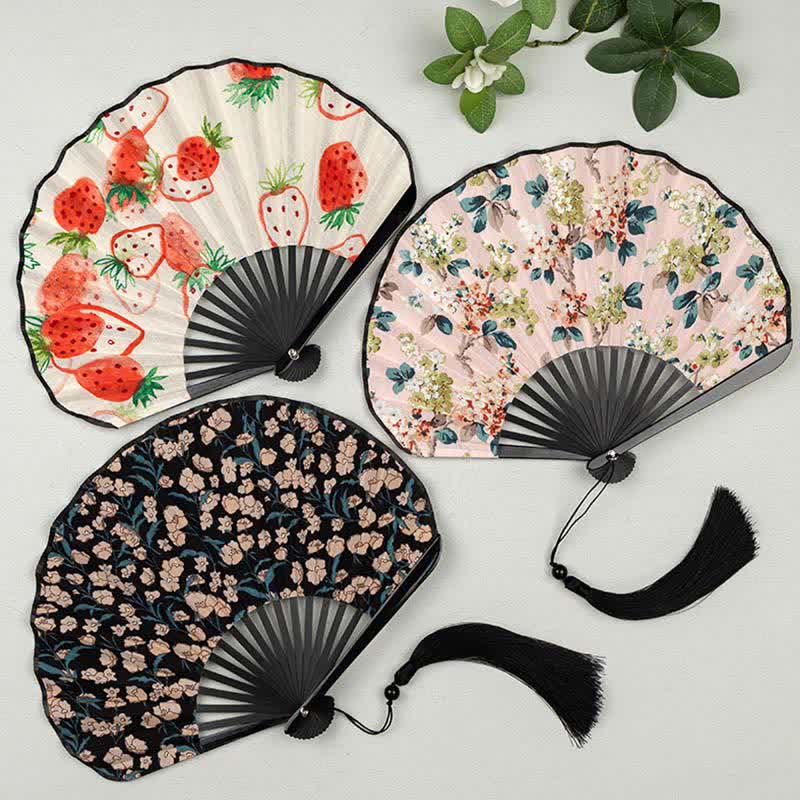 Buddha Stones Ventilador plegable con borla y estampado floral de bambú - image 13