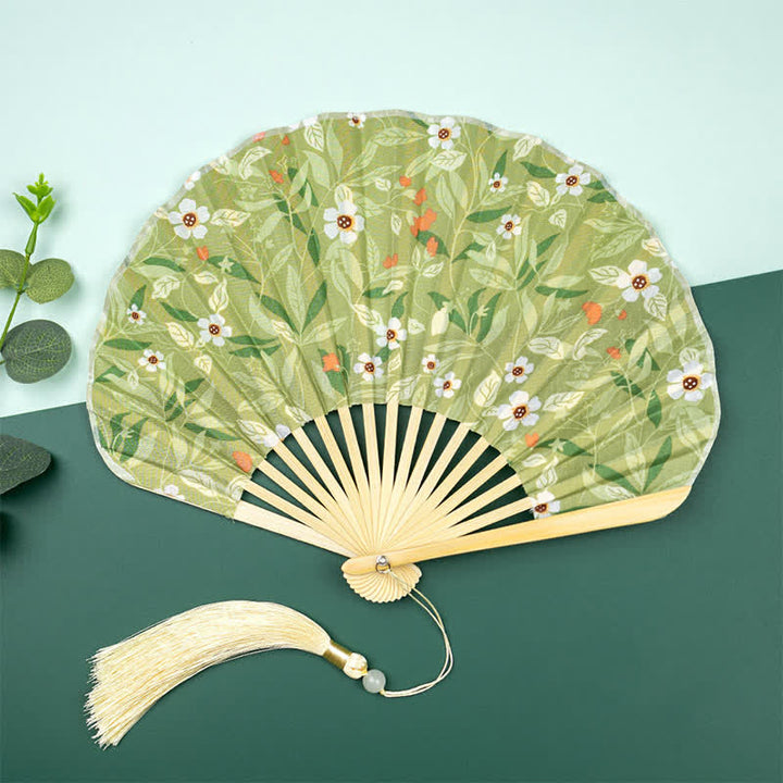 Buddha Stones Ventilador plegable con borla y estampado floral de bambú - Flores blancas con hojas verdes (borla de regalo) - image 3