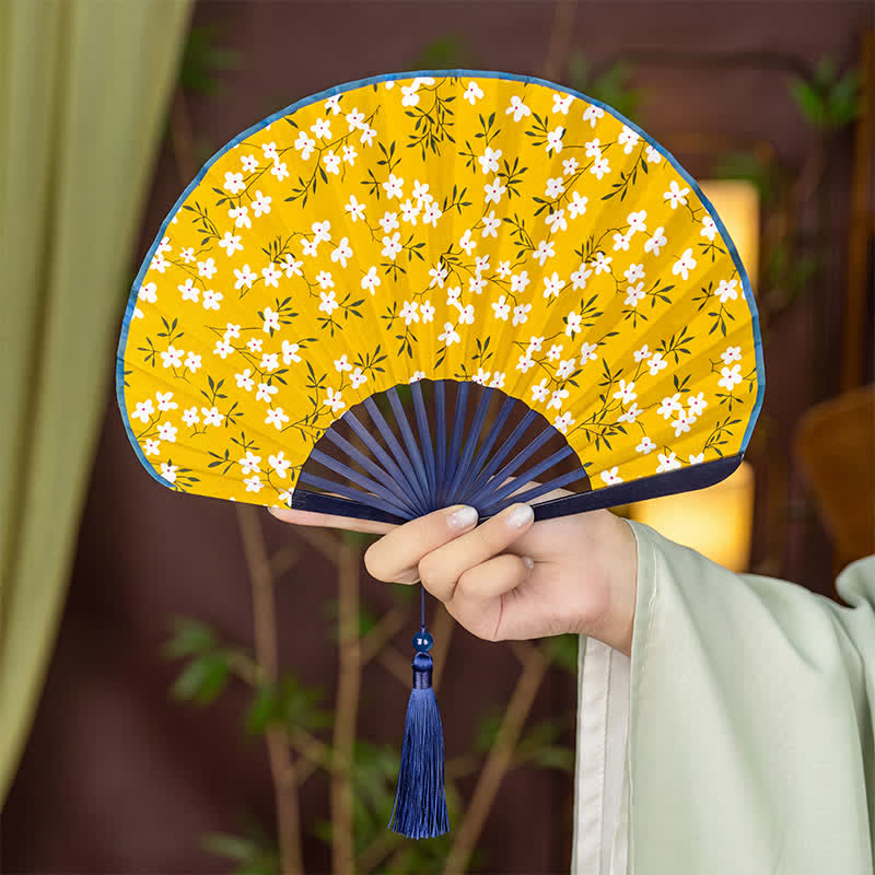 Buddha Stones Ventilador plegable con borla y estampado floral de bambú - Flores blancas (borla de cortesía) - image 11