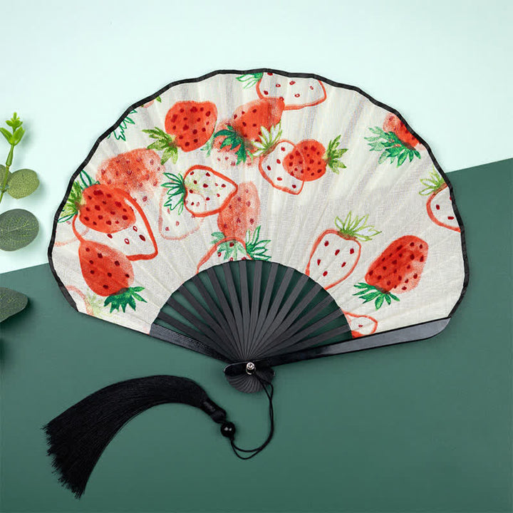 Buddha Stones Ventilador plegable con borla y estampado floral de bambú - Fresas (con borla de cortesía) - image 10