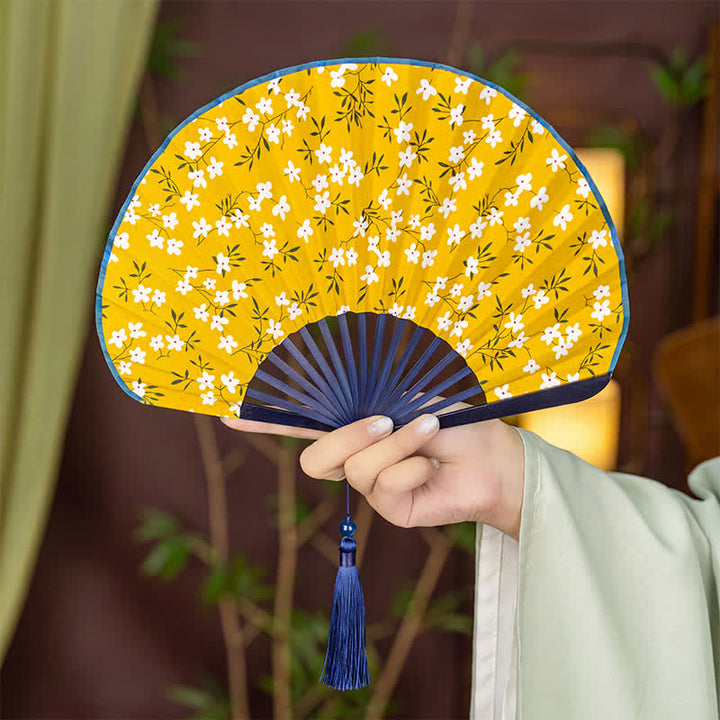 Buddha Stones Ventilador plegable con borla y estampado floral de bambú - Flores blancas (borla de cortesía) - image 11