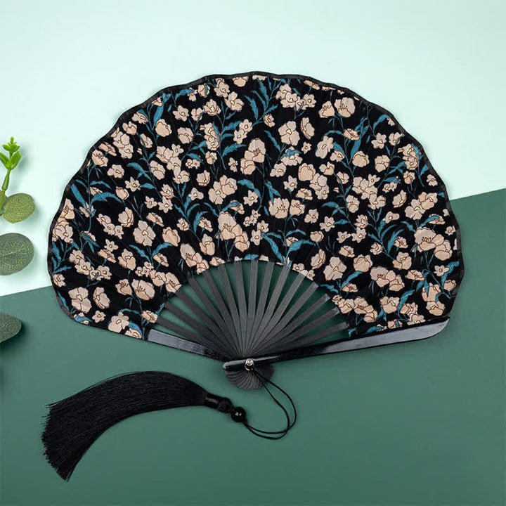 Buddha Stones Ventilador plegable con borla y estampado floral de bambú - Flores rosas (borla de cortesía) - image 9