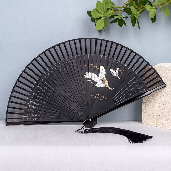 Buddha Stones Grulla de montaña de bambú, elegante ventilador plegable - Grúa con mango negro - image 7