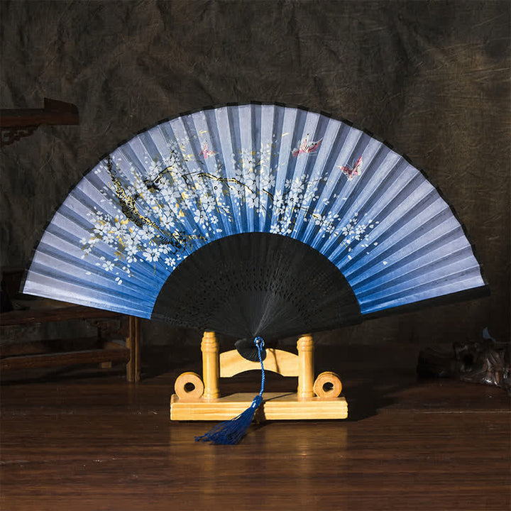 Buddha Stones Ventilador plegable de bambú con mariposas y flores de cerezo. - Superficie azul (borla de cortesía) - image 3