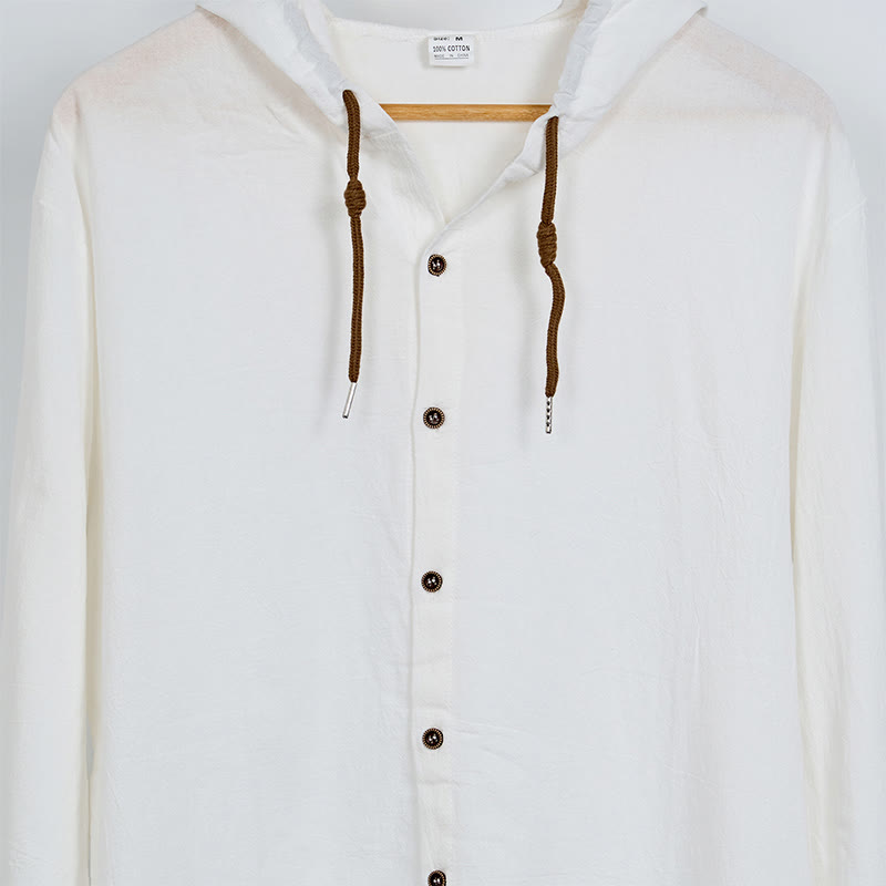 Camisa de hombre de manga larga con capucha, cordón ajustable y botones, color liso, con estampado de Buddha Stones. - image 6