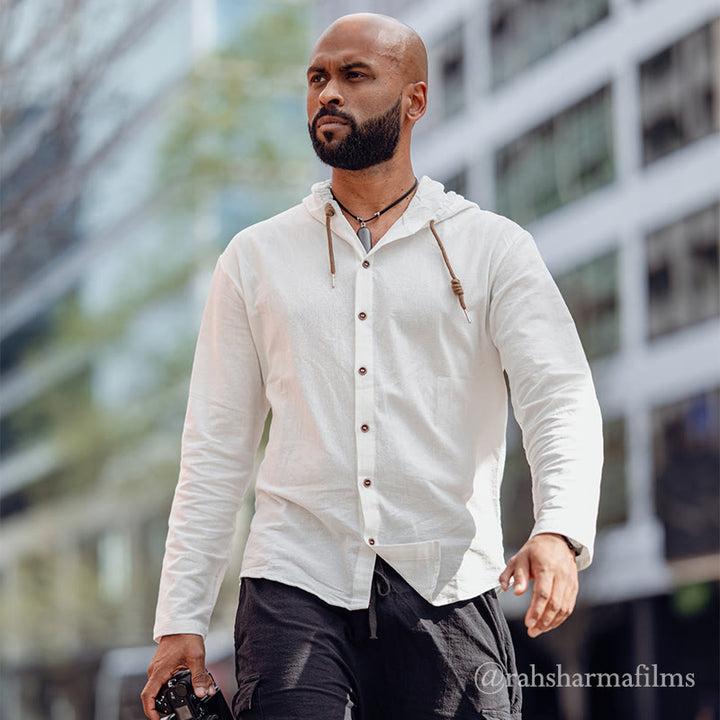 Camisa de hombre de manga larga con capucha, cordón ajustable y botones, color liso, con estampado de Buddha Stones. - image 2