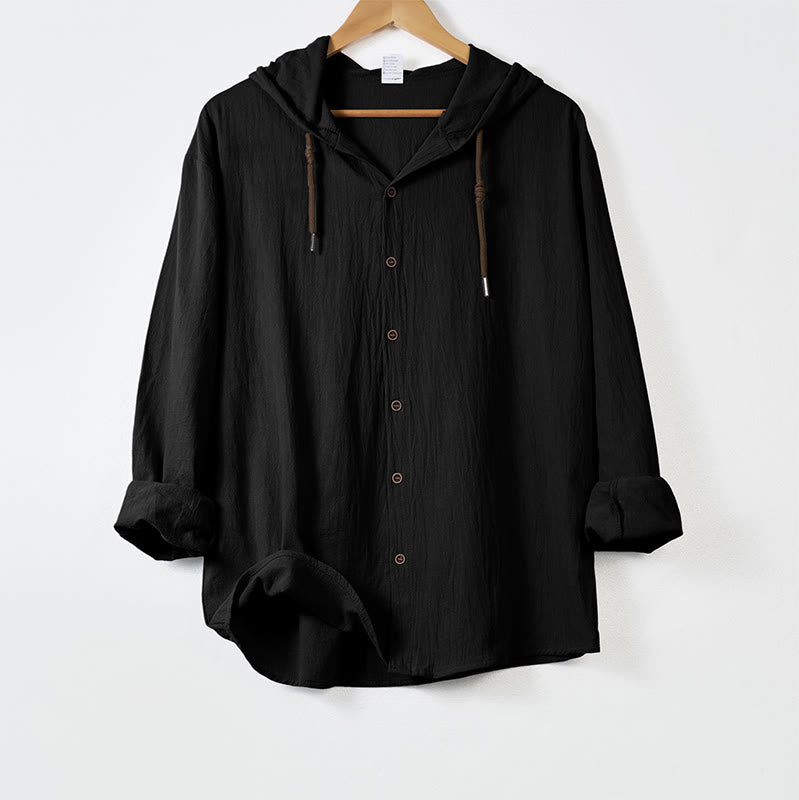 Camisa de hombre de manga larga con capucha, cordón ajustable y botones, color liso, con estampado de Buddha Stones. - Negro - US/UK/AU44，EU54 (3XL) - image 9