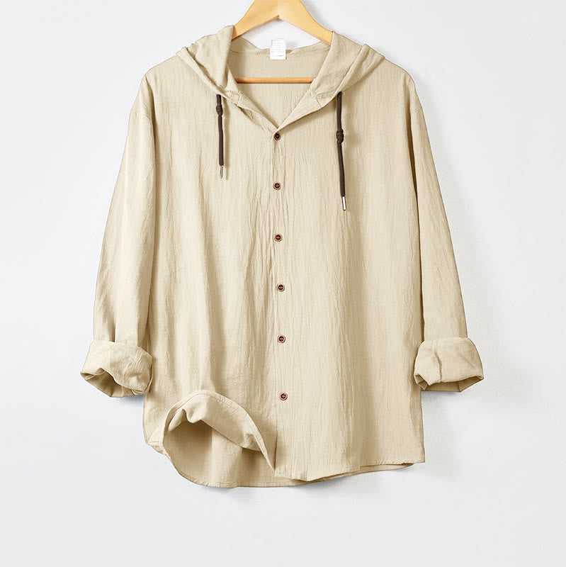 Camisa de hombre de manga larga con capucha, cordón ajustable y botones, color liso, con estampado de Buddha Stones. - Beige - US/UK/AU44，EU54 (3XL) - image 14