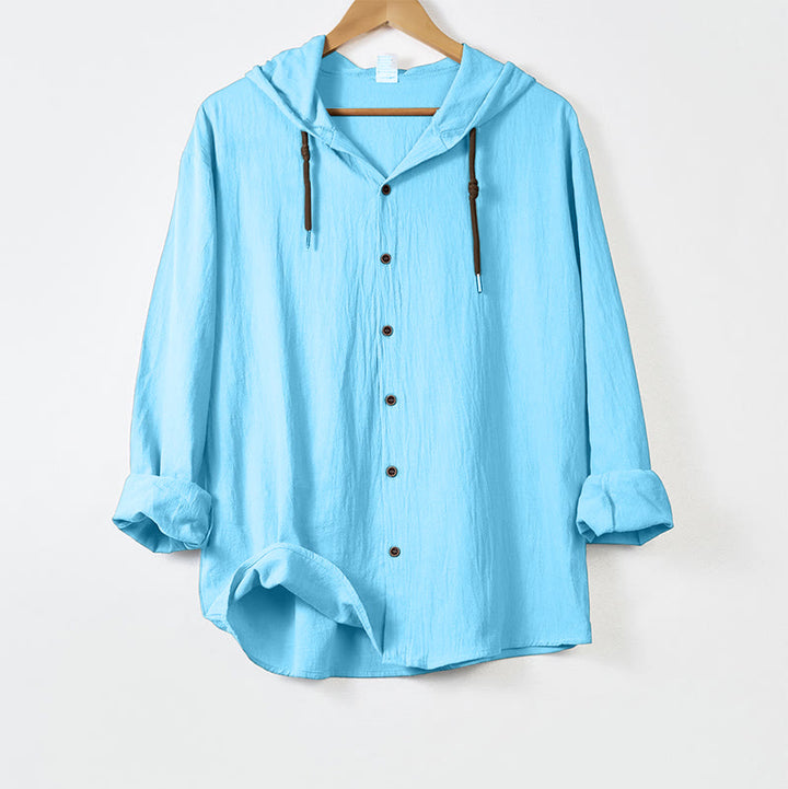 Camisa de hombre de manga larga con capucha, cordón ajustable y botones, color liso, con estampado de Buddha Stones. - Azul cielo claro - US/UK/AU44，EU54 (3XL) - image 13