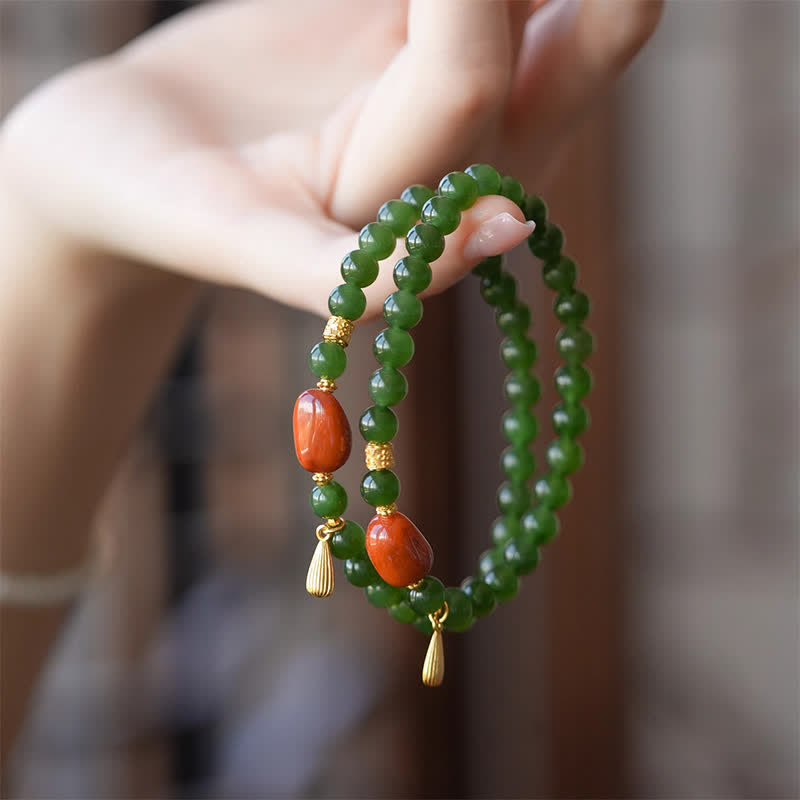 Buddha Stones Pulsera de la suerte de jade Hetian verde espinaca y ágata roja - image 2