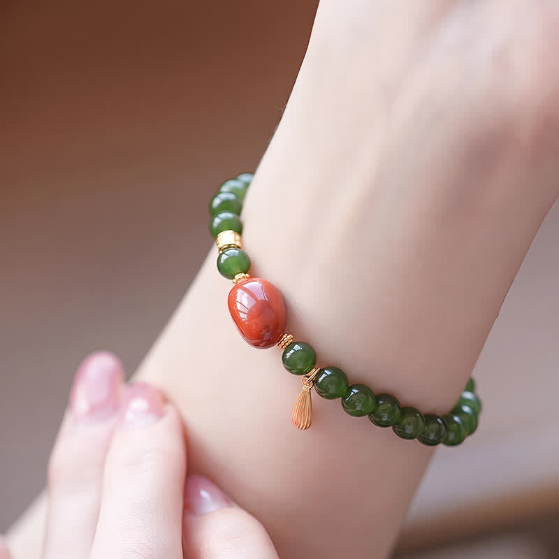 Buddha Stones Pulsera de la suerte de jade Hetian verde espinaca y ágata roja - image 3