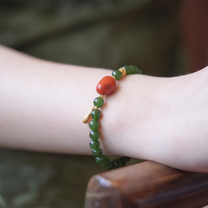 Buddha Stones Pulsera de la suerte de jade Hetian verde espinaca y ágata roja - image 4