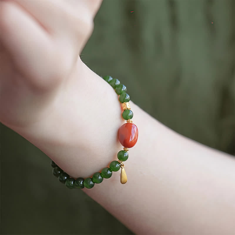 Buddha Stones Pulsera de la suerte de jade Hetian verde espinaca y ágata roja - image 11