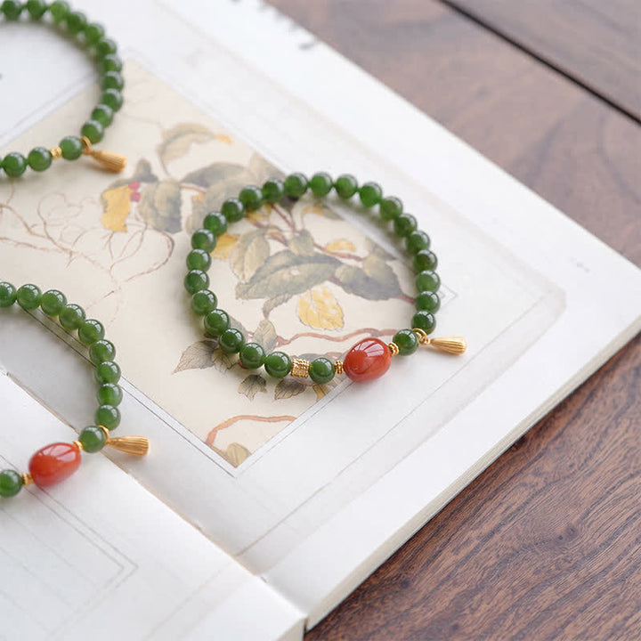 Buddha Stones Pulsera de la suerte de jade Hetian verde espinaca y ágata roja - image 1