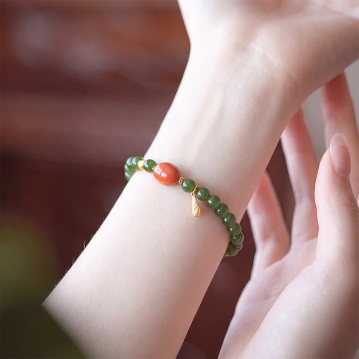 Buddha Stones Pulsera de la suerte de jade Hetian verde espinaca y ágata roja - image 10