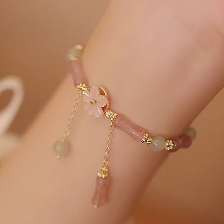 Buddha Stones Pulsera romántica de jade Hetian con cuarzo fresa y bambú - image 4
