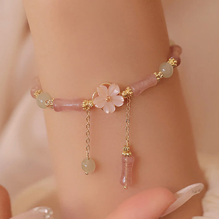 Buddha Stones Pulsera romántica de jade Hetian con cuarzo fresa y bambú - image 1