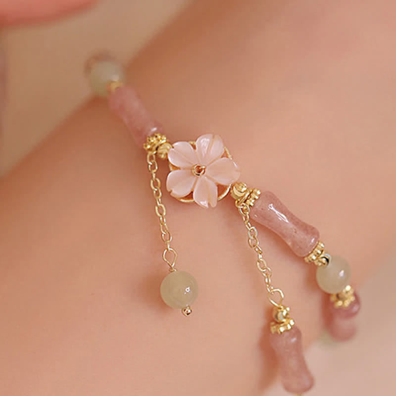 Buddha Stones Pulsera romántica de jade Hetian con cuarzo fresa y bambú - Bambú de cuarzo fresa (circunferencia de la muñeca: 13-17 cm) - image 0