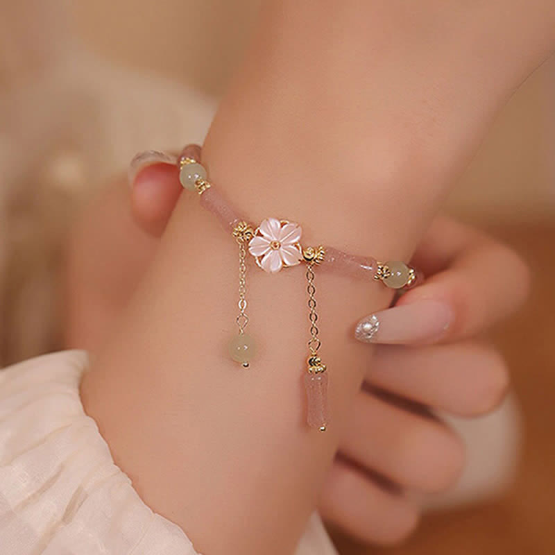 Buddha Stones Pulsera romántica de jade Hetian con cuarzo fresa y bambú - image 2