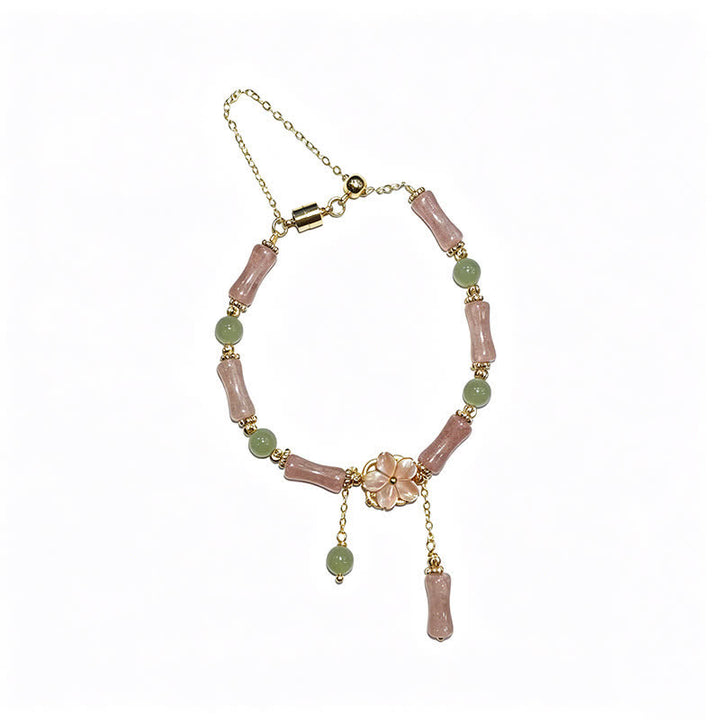 Buddha Stones Pulsera romántica de jade Hetian con cuarzo fresa y bambú - image 15