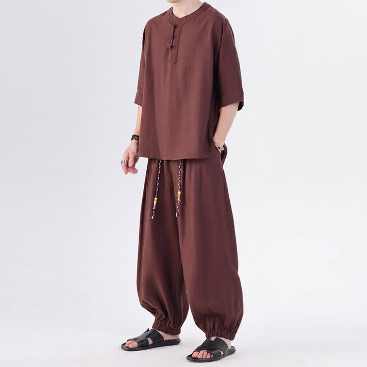 Buddha Stones Camisa de manga hasta el codo estilo Tang con botones de rana, color liso, ideal para primavera y verano. También disponible como prenda de meditación para hombre con bolsillo. - image 38