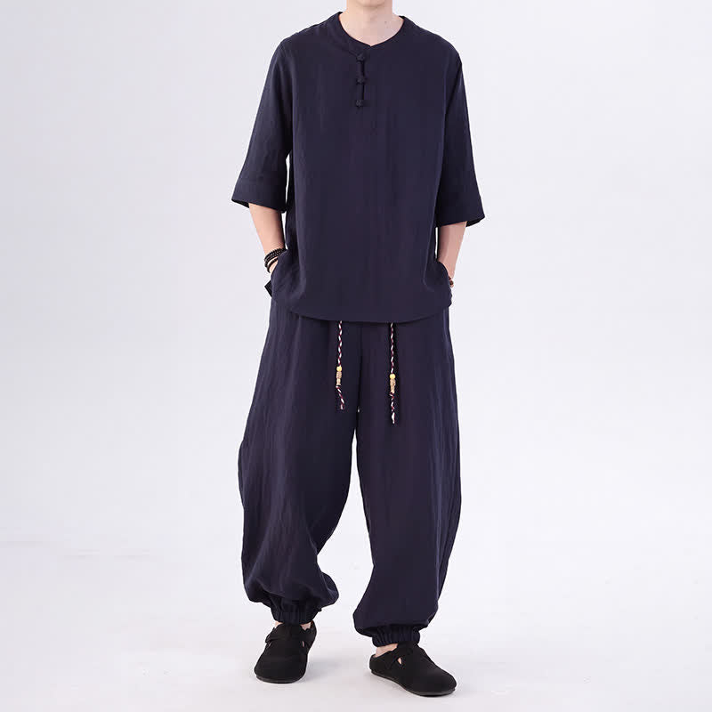 Buddha Stones Camisa de manga hasta el codo estilo Tang con botones de rana, color liso, ideal para primavera y verano. También disponible como prenda de meditación para hombre con bolsillo. - Azul medianoche - US/UK/AU46, EU56 (5XL) - image 40