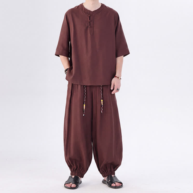 Buddha Stones Camisa de manga hasta el codo estilo Tang con botones de rana, color liso, ideal para primavera y verano. También disponible como prenda de meditación para hombre con bolsillo. - image 36