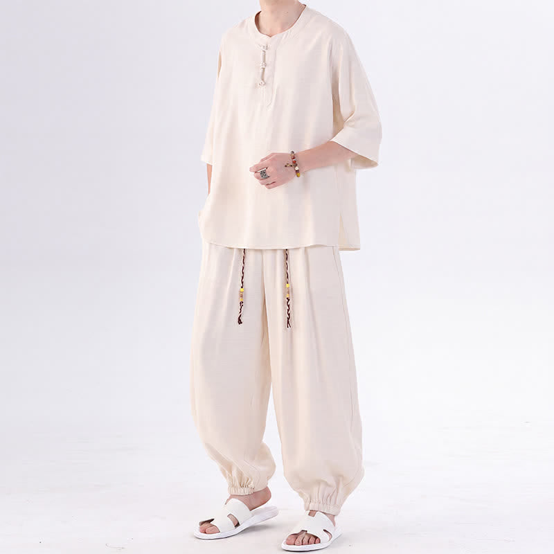 Buddha Stones Camisa de manga hasta el codo estilo Tang con botones de rana, color liso, ideal para primavera y verano. También disponible como prenda de meditación para hombre con bolsillo. - image 3